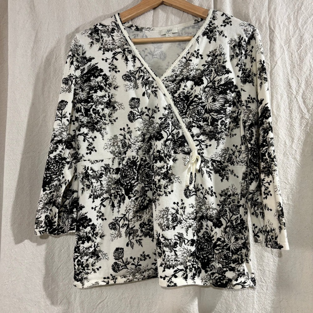J. Jill Womens Black White Floral Cotton Faux Wrap Top 3/4 Sleeve Size L